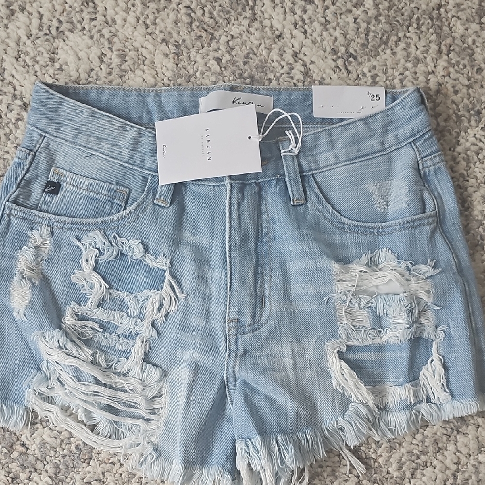 KanCan Women's Distressed Denim Shorts - Light Blue